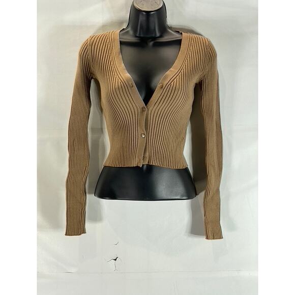 H&M Women's Brown Rib Knit V-Neck Long Sleeve Button-Up Cardigan SZ XS - Picture 1 of 9